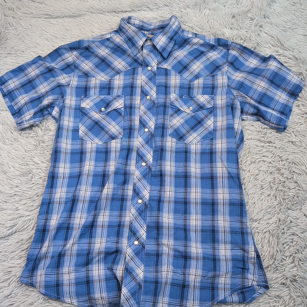 Vintage Wrangler Shirt Mens M Blue Plaid Western Rancher Chore Pearl Snap